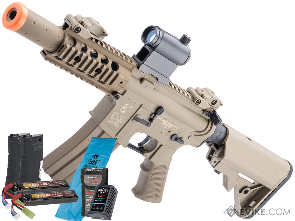 Cybergun Licensed Colt Sportsline M4 AEG Rifle w/ G3 Micro-Switch Gearbox (Model: M4 SBR w/ 5 Quadrail / Tan / Go Airsoft Package)