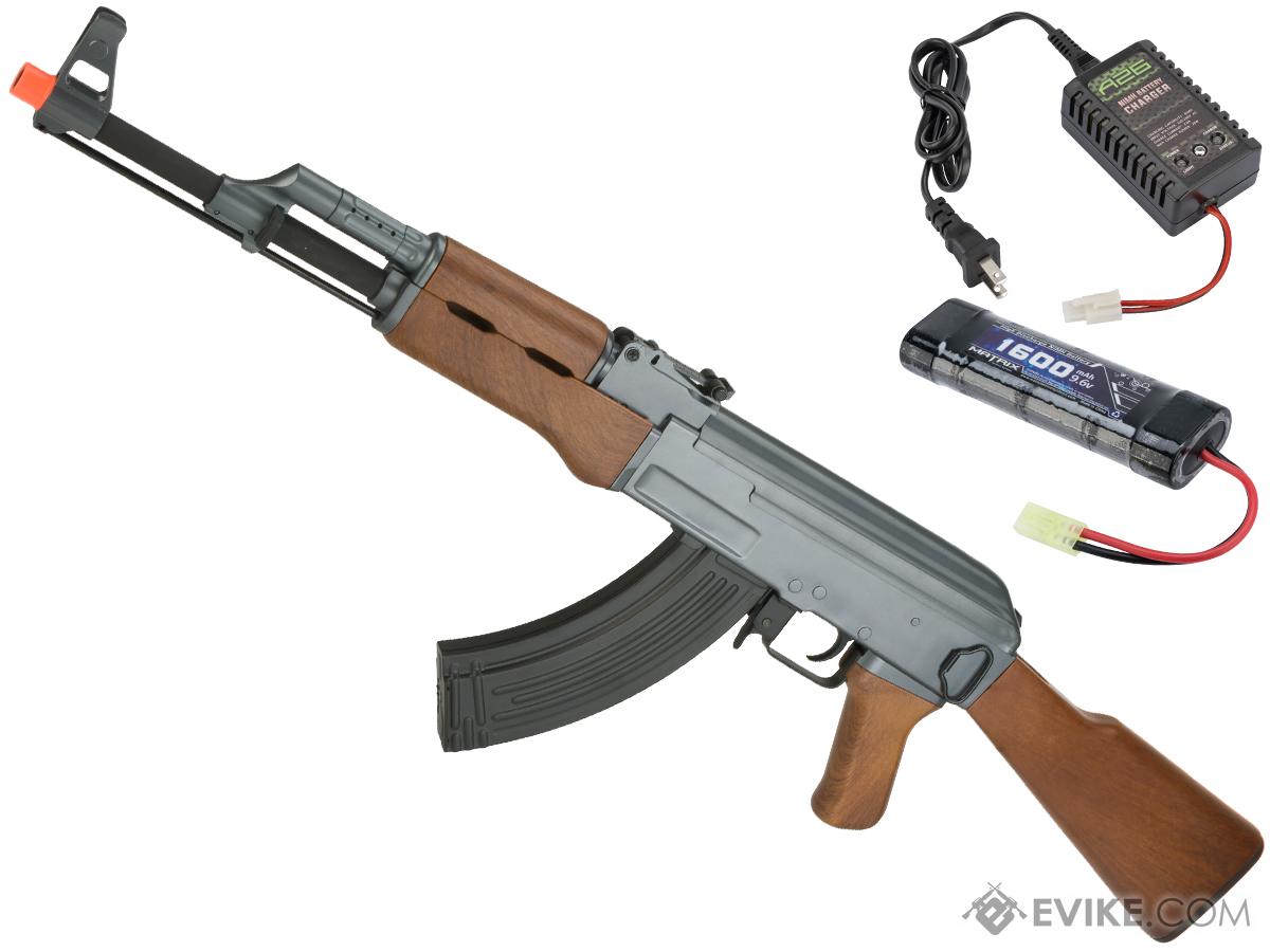CYMA Sport AK47 Airsoft AEG Rifle (Model: Faux Wood Furniture / Add 7.4v LiPo Battery + Charger)
