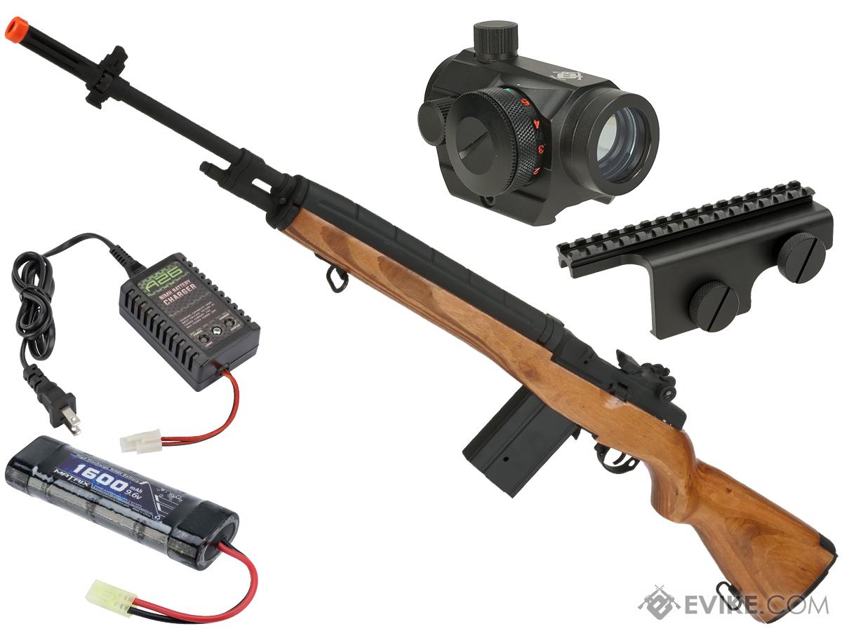 CYMA Sport Full Size M14 Airsoft AEG Rifle w/ Real Wood Stock (Package: Add Red Dot, Mount, 9.6v Small Type Battery, Smart Charger)