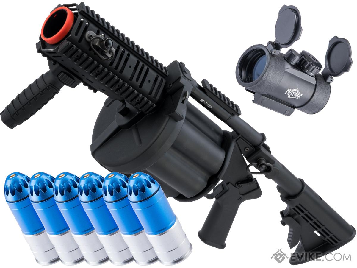 ICS MGL Full Size Airsoft Revolver Grenade Launcher (Color: Black Gen.2 Short + 6 Shells and Red Dot)