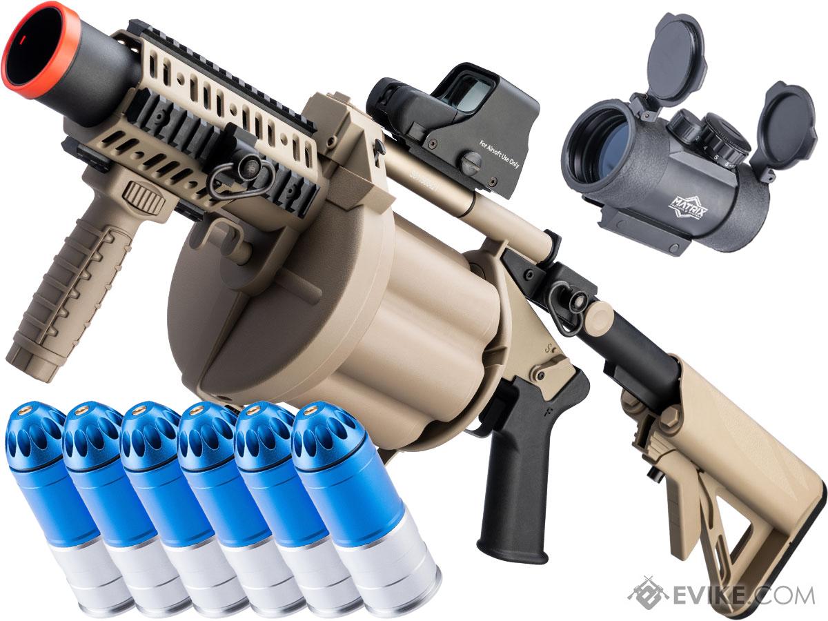 ICS MGL Full Size Airsoft Revolver Grenade Launcher (Color: Tan + 6 Shells and Red Dot)