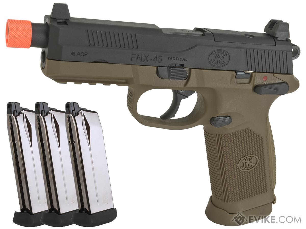 Cybergun FN Herstal Licensed FNX-45 Tactical Airsoft Gas Blowback Pistol by VFC (Color: Black Slide & Tan Frame / Add 3 Extra Magazines)
