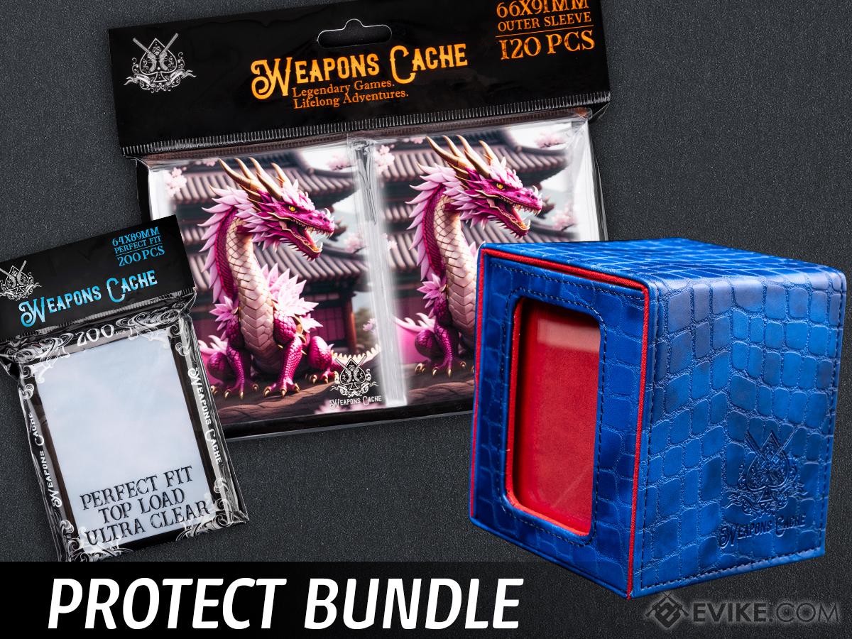 Weapons Cache Protect Bundle with WC Art Series Outer and Perfect Fit Inner Card Sleeves and a WC Commander Bunker Deck Box (Style: Mythic Dragon / Blue & Red)