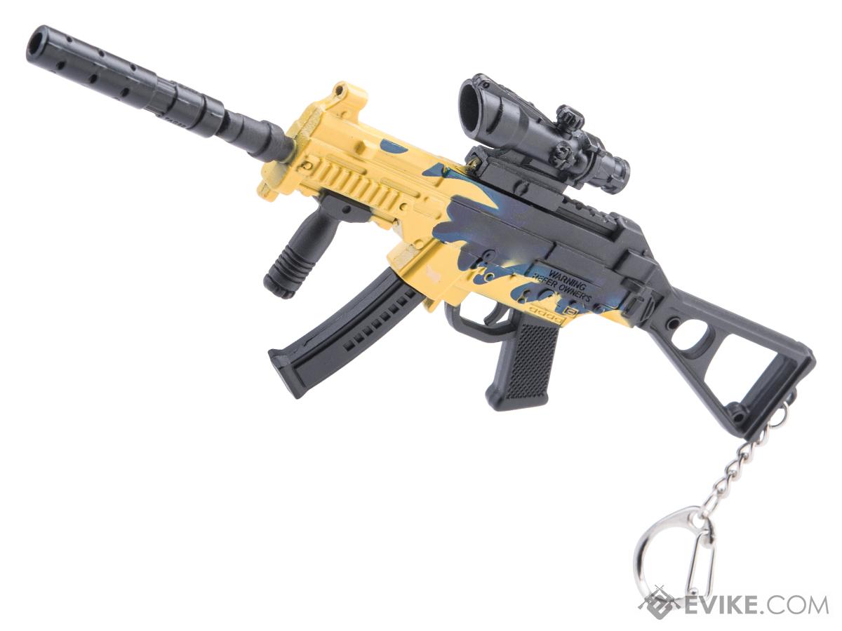 Die-Cast Metal Model Gun Keychain w/ Removable Accessories (Model: UMP45 / Yellow Black Splash)