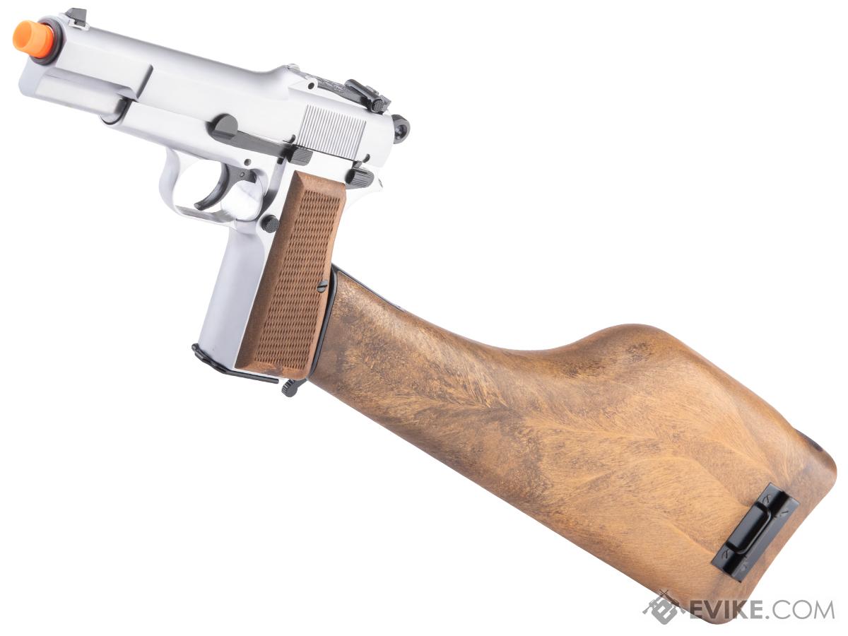WE Tech New Version Hi-Power Gas Blowback Airsoft Pistol w/ Wood Stock (Color: Silver)