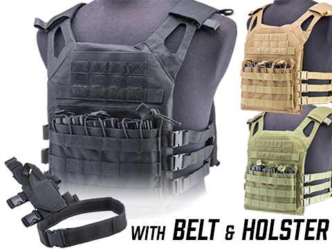 Matrix Level-1 Plate Carrier w/ Integrated Magazine Pouches & 2 Pistol Belt w/ Tornado Leg Holster (Color: Black)