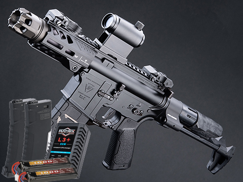 EMG / Strike Industries Licensed Tactical Competition AEG w/ G&P Ver2 - GATE Aster Gearbox (Model: CQB w/ PDW Stock - 300 FPS / Black / Go Airsoft Package)