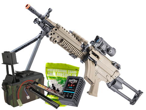 Cybergun FN Licensed M249 MINIMI Featherweight Airsoft Machine Gun (Model: Para / Tan / <350 FPS Electronic Trigger MOSFET / Support Package)