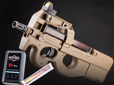 FN Herstal Licensed P90 Full Size Metal Gearbox Airsoft AEG (Color: Dark Earth / Add 7.4v LiPo Battery + BMS Charger + LiPo Safe)