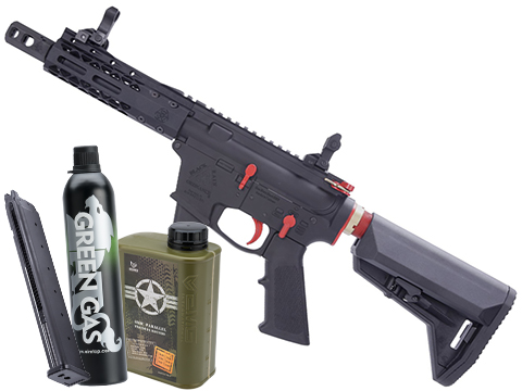 EMG Black Rain Ordnance BRO 9mm Gas Blowback Airsoft Rifle (Model: SBR / Black & Red / Reload Package)