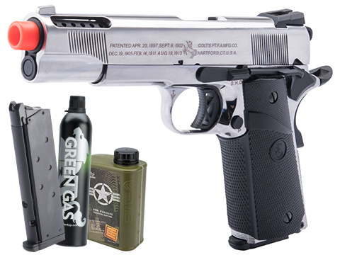 Cybergun Colt Licensed 1911 Airsoft Gas Blowback Pistol (Color: Silver / SRV-12 / Gas / Essentials Pack)