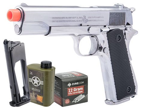 Cybergun Colt Licensed 1911 Airsoft Gas Blowback Pistol (Color: Silver / Government / CO2 / Essentials Pack)