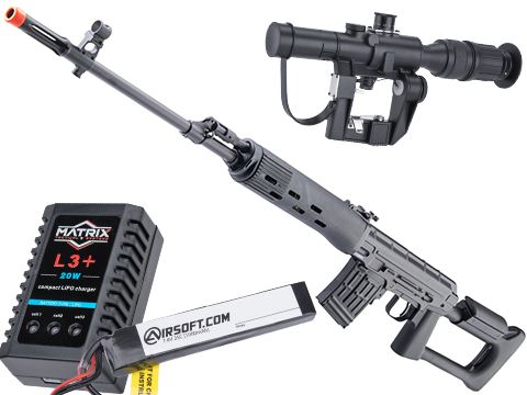 CYMA Aluminum Receiver SVD-S Airsoft AEG High Power Sniper Rifle w/ Fixed Stock (Package: Add Scope + 7.4V Stick Type Battery + Smart Charger)