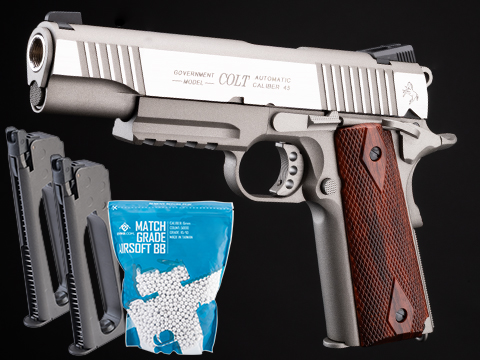 Cybergun x Colt 1911 Tactical CO2-Powered Airsoft Gas Blowback Pistol - KWC (Model: Stainless / Reload Package)