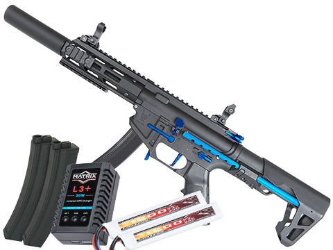 King Arms PDW 9mm SBR Airsoft AEG Rifle (Color: Black & Blue / Silenced M-LOK / Go Airsoft Package)