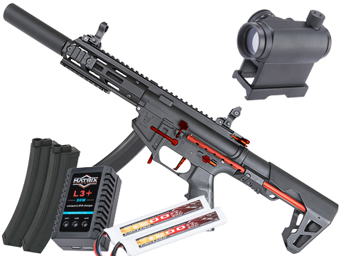 King Arms PDW 9mm SBR Airsoft AEG Rifle (Color: Black & Red / Silenced M-LOK / Go Airsoft Package w/ Optic)