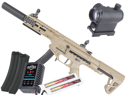 King Arms PDW 9mm SBR Airsoft AEG Rifle (Color: Desert Earth / Silenced M-LOK / Go Airsoft Package w/ Optic)