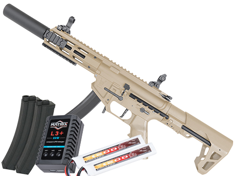 King Arms PDW 9mm SBR Airsoft AEG Rifle (Color: Desert Earth / Silenced M-LOK / Go Airsoft Package)