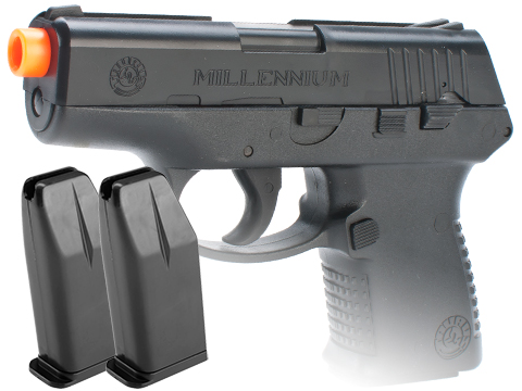 Swiss Arms Millennium PT111 Airsoft Spring Pistol by CyberGun (Color: Black / Add 2x Spare Magazines)