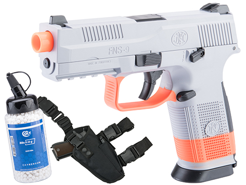 FN Herstal FNS-9 Airsoft Spring Pistol by CyberGun (Color: Wolf Grey - SB199 Orange / Add 2000 BBs & Holster)