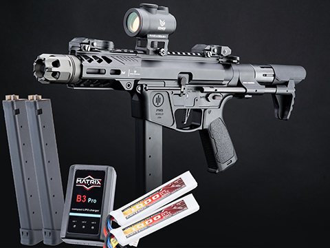 EMG Strike Industries x PWS Licensed 9mm Pistol Caliber Carbine AEG (Model: 4 CQB Rail / Viper PDW Stock / 350 FPS / Go Airsoft Package)