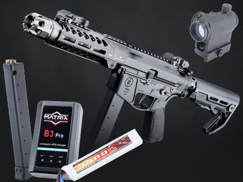 EMG Strike Industries x PWS Licensed 9mm Pistol Caliber Carbine AEG w/ GATE Aster MOSFET (Model: 7 CQB Rail / M4 Stock / 350 FPS / Go Airsoft Package)