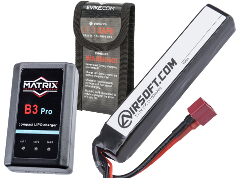 Airsoft.com High Performance 11.1v Airsoft LiPo Battery Starter Pack w/ BMS Smart Charger (Model: Stick Type / 1000mAh / 25C / For Deans / T-Plug Connector)