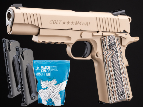 Cybergun x Colt 1911 Tactical CO2-Powered Airsoft Gas Blowback Pistol - KWC (Model: Desert Sand / Reload Package)