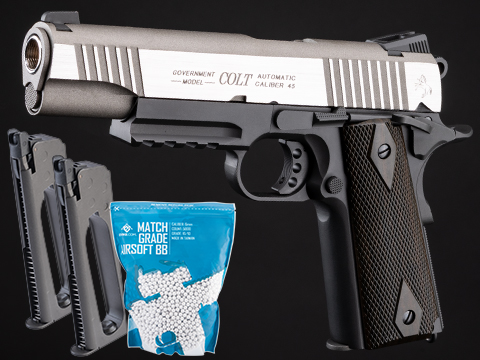 Cybergun x Colt 1911 Tactical CO2-Powered Airsoft Gas Blowback Pistol - KWC (Model: Dual-Tone Silver / Reload Package)