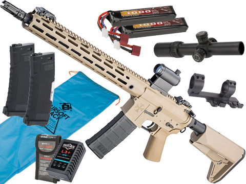 EMG Umbrella Corporation Weapons Research Group Licensed M4 M-LOK Airsoft AEG Rifle (Color: Tan / Rifle / Marksman's Go Airsoft Package)