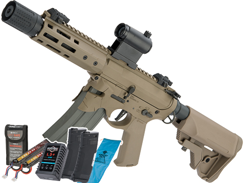 EMG / Sharps Bros Overthrow Licensed Advanced M4 Airsoft AEG Training Rifle w/ Slim Motor Grip (Color: Dark Earth / 8 PDW / Go Airsoft Package)