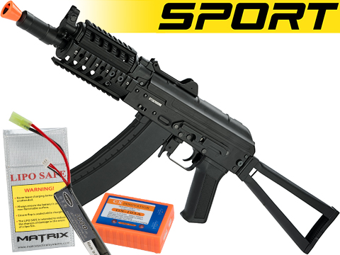 CYMA Stamped Steel AKS-74UN RAS Airsoft AEG Rifle with Steel Folding Stock (Model: Sport / 7.4v LiPo Battery + Charger)