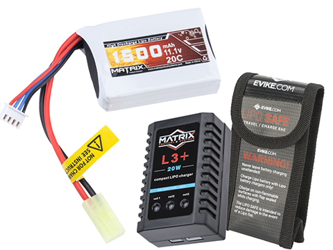 Matrix High Performance 11.1V Airsoft LiPo Battery Starter Pack w/ BMS Smart Charger (Model: PEQ Type / 1500mAh - 20C / Small Tamiya)