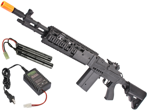 CYMA Sport Full Metal M14 EBR Designated Marksman Rifle Airsoft AEG (Color: Black / Crane Stock / Add 9.6v NiMH Battery and Charger)