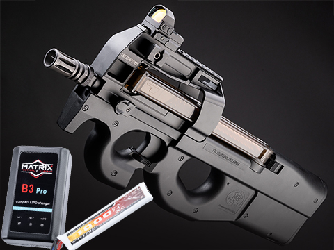 FN Herstal Licensed P90 Full Size Metal Gearbox Airsoft AEG (Color: Black / Add 7.4v LiPo Battery + BMS Charger + LiPo Safe)