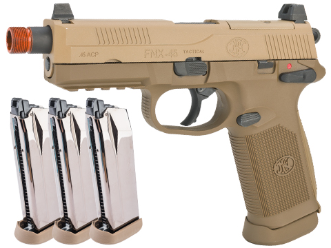 Cybergun FN Herstal Licensed FNX-45 Tactical Airsoft Gas Blowback Pistol by VFC (Color: Dark Earth / Add 3 Extra Magazines)