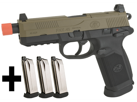 Cybergun FN Herstal Licensed FNX-45 Tactical Airsoft Gas Blowback Pistol by VFC (Color: Tan Slide & Black Frame / Add 3 Extra Magazines)