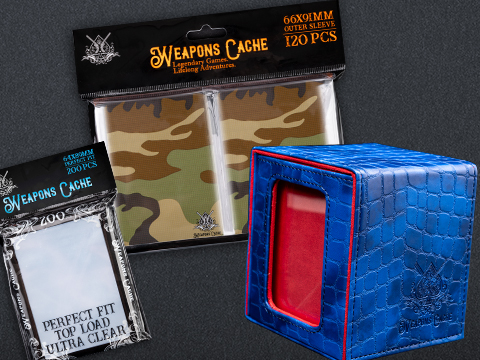 Weapons Cache Protect Bundle with WC Art Series Outer and Perfect Fit Inner Card Sleeves and a WC Commander Bunker Deck Box (Style: Woodland Camo / Blue & Red)