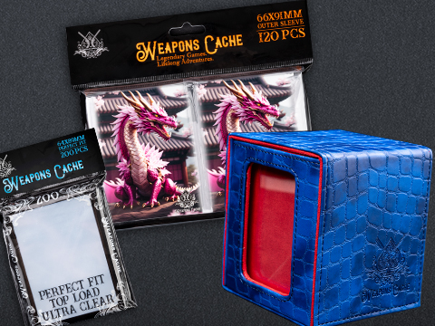 Weapons Cache Protect Bundle with WC Art Series Outer and Perfect Fit Inner Card Sleeves and a WC Commander Bunker Deck Box (Style: Mythic Dragon / Blue & Red)