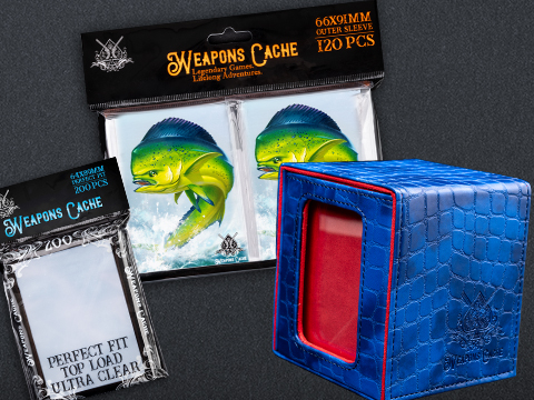 Weapons Cache Protect Bundle with WC Art Series Outer and Perfect Fit Inner Card Sleeves and a WC Commander Bunker Deck Box (Style: Dorado / Blue & Red)