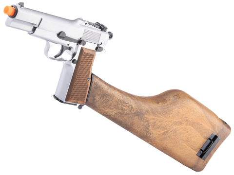 WE Tech New Version Hi-Power Gas Blowback Airsoft Pistol w/ Wood Stock (Color: Silver)